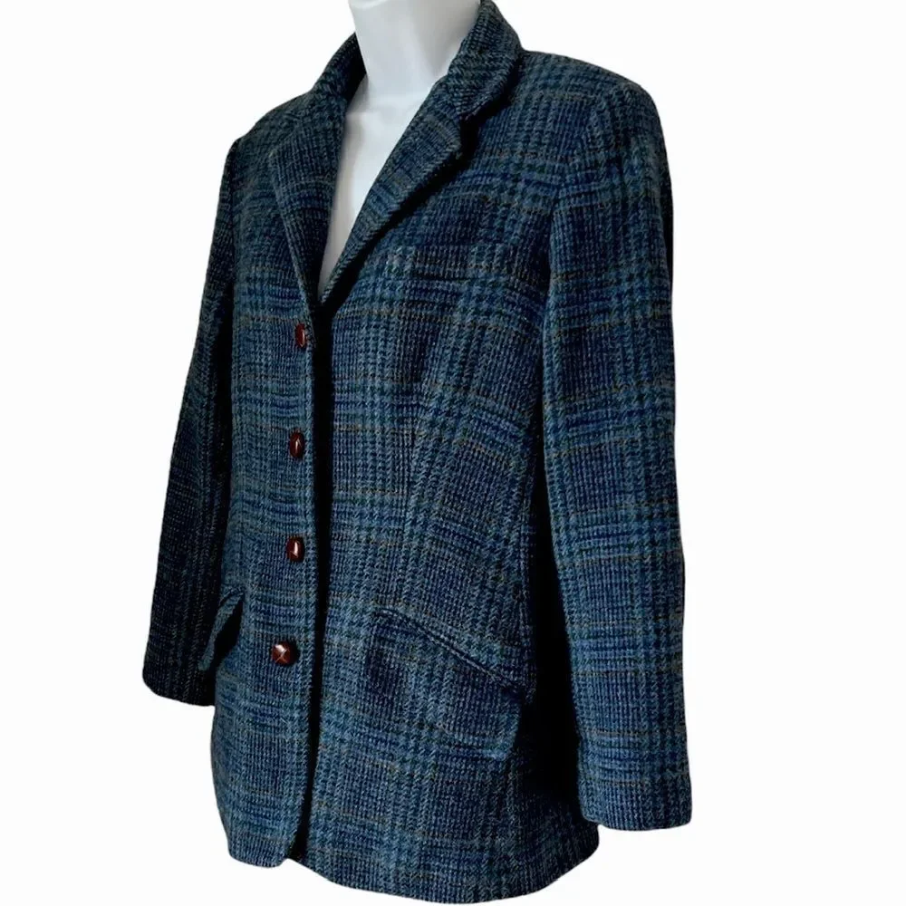 ORVIS Blue Plaid Petite 100% Wool Preppy Acdemia Blazer 14P